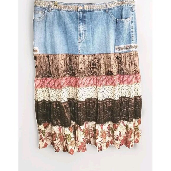 Venezia Boho Denim Skirt Women's 24 Mixed Media Western Mid Length - Picture 1 of 8